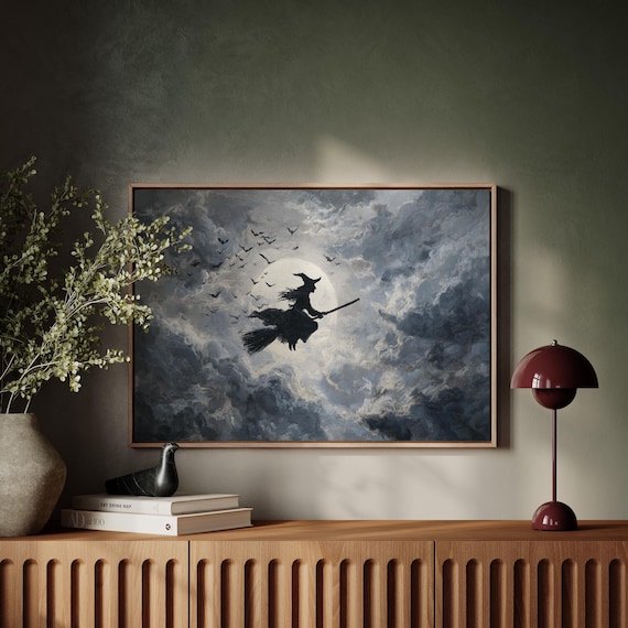 Witch Flying Broomstick Full Moon Stormy Halloween Night Poster
