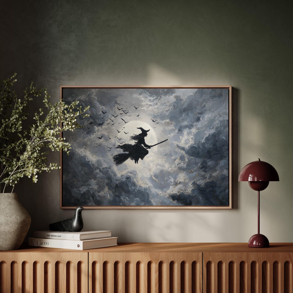 Witch Flying Broomstick Full Moon Stormy Halloween Night Poster