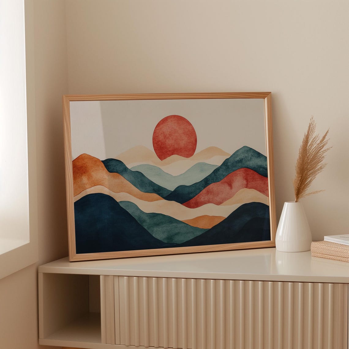 Glowing Red Sun Above Layered Teal And Terracotta Mountains Art Poster