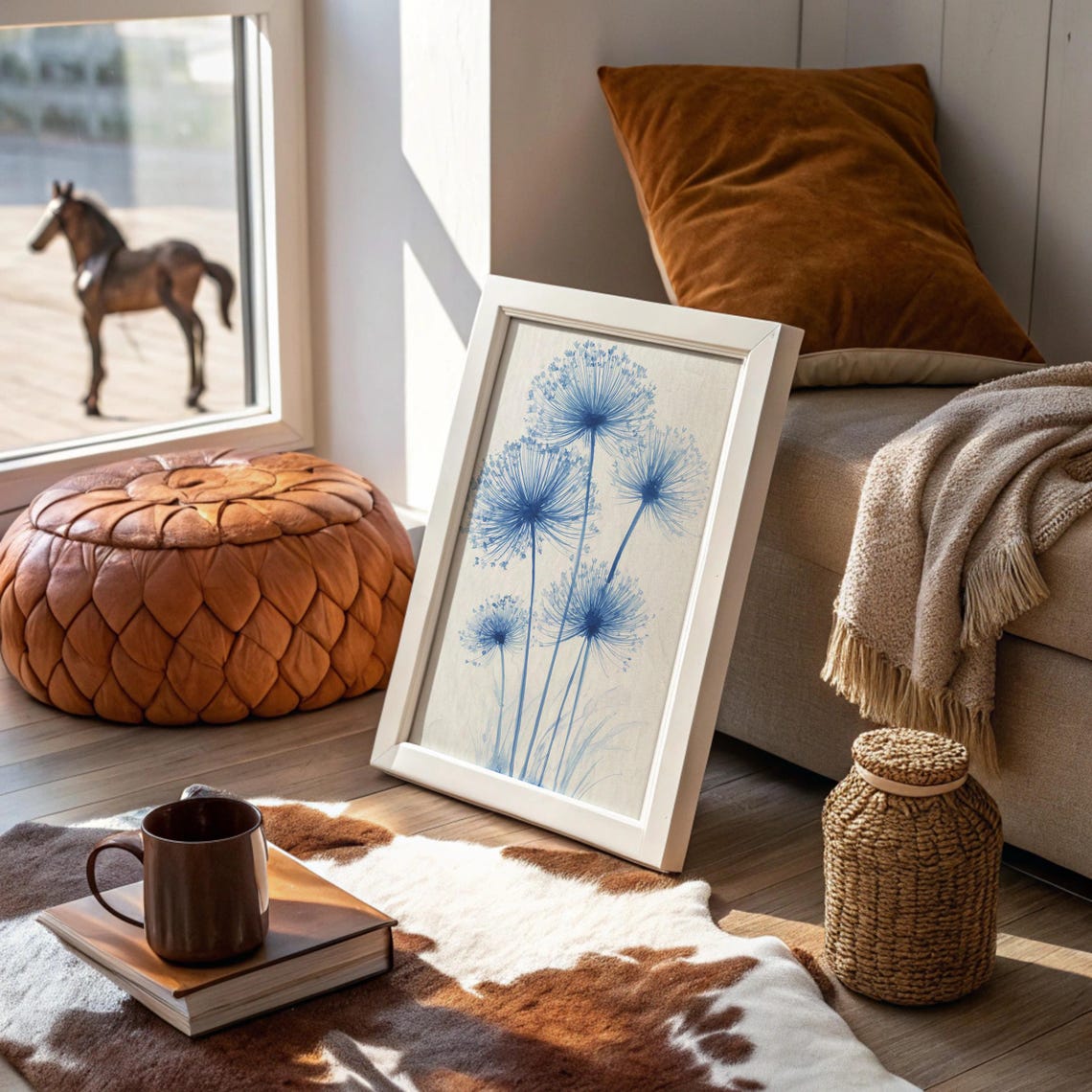Delicate Blue Dandelion Flowers Watercolor Botanical Floral Wall Art