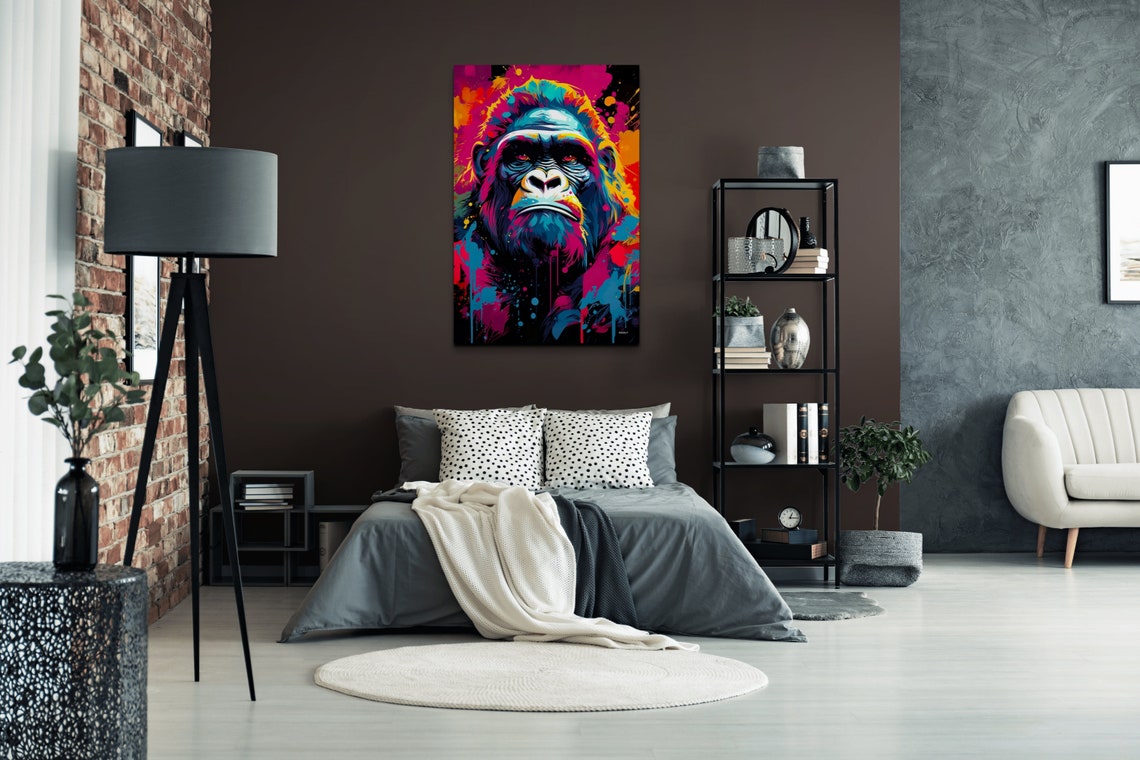 Gorilla Portrait Neon Pop Art Colorful Paint Splatter Poster - Image 5