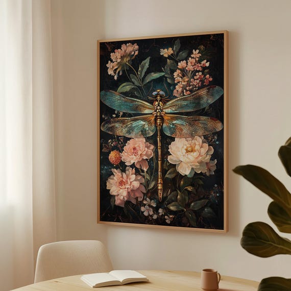 Dragonfly and Blooming Peonies Botanical Art Print