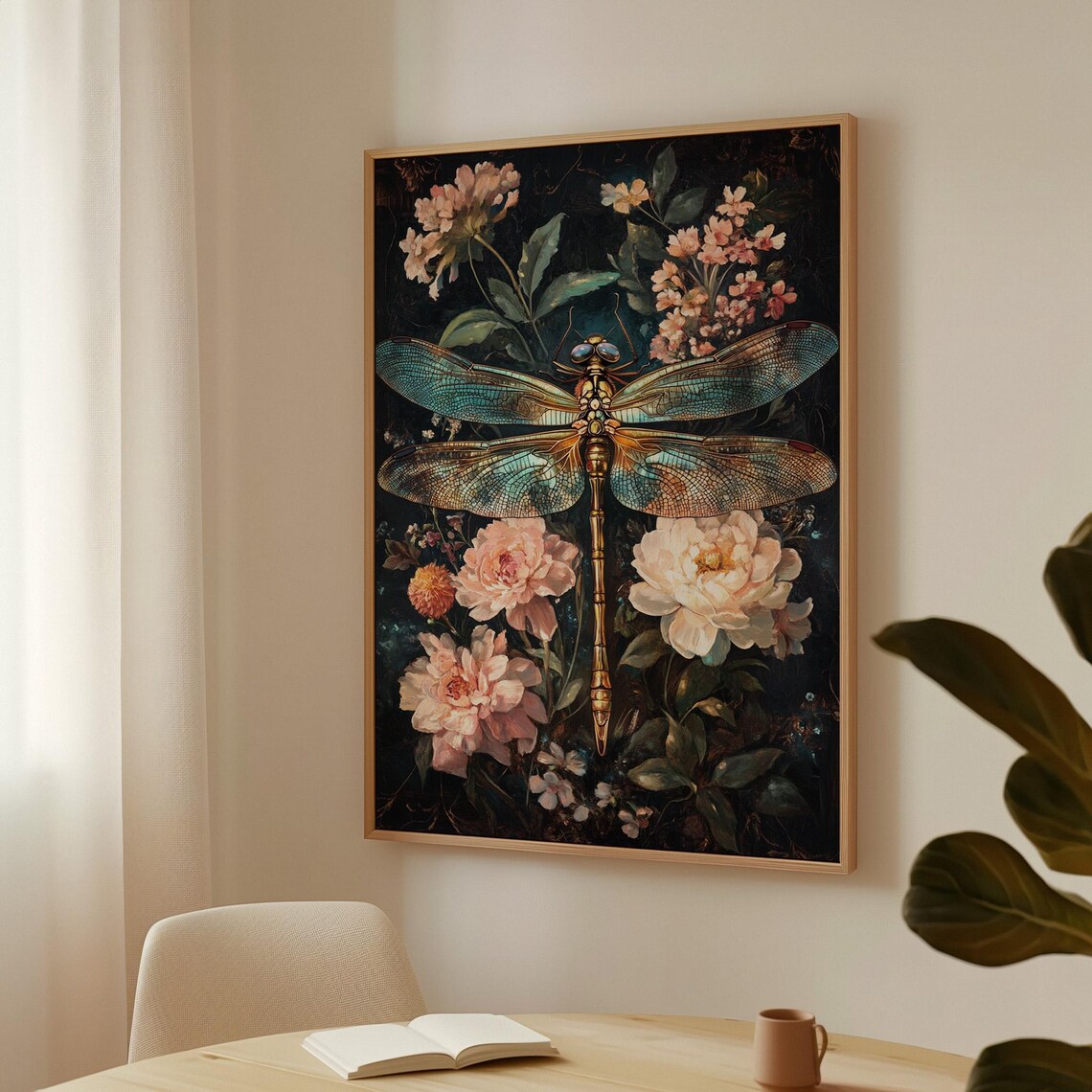 Dragonfly and Blooming Peonies Botanical Art Print