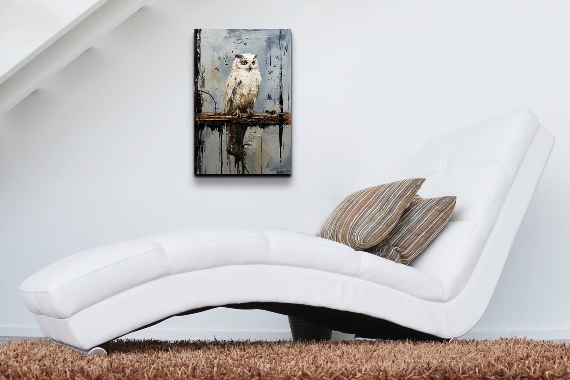 White Owl Perched On Branch Textured Oil Painting Style Poster - Image 5