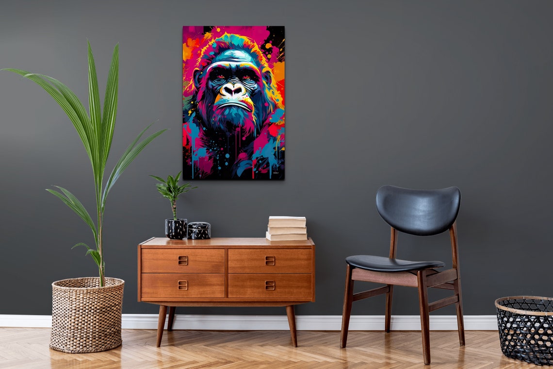 Gorilla Portrait Neon Pop Art Colorful Paint Splatter Poster - Image 4