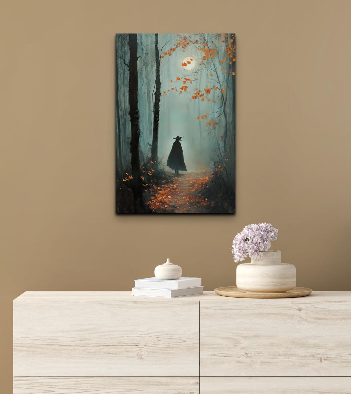 Witch Silhouette in Misty Autumn Forest Under Moonlight Poster - Image 5