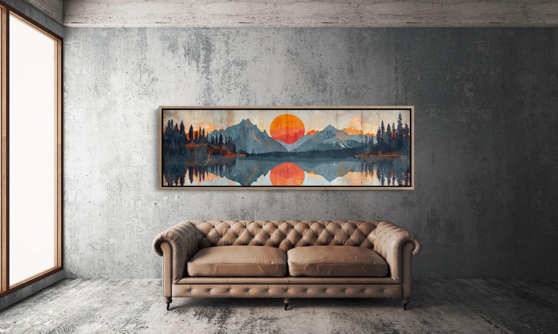Big Orange Sun Over Mountain Lake Reflection Mid Century Wall Art - Image 4