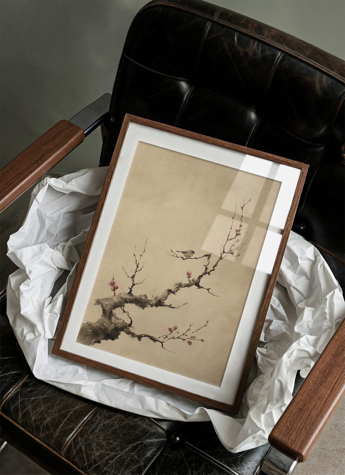 Quiet Sparrow Perched on a Plum Blossom Branch Ink Painting Poster