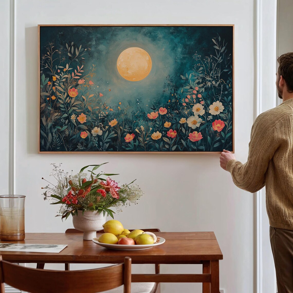 Moonlit Floral Garden With Glowing Golden Moon Teal Night Poster - Image 7