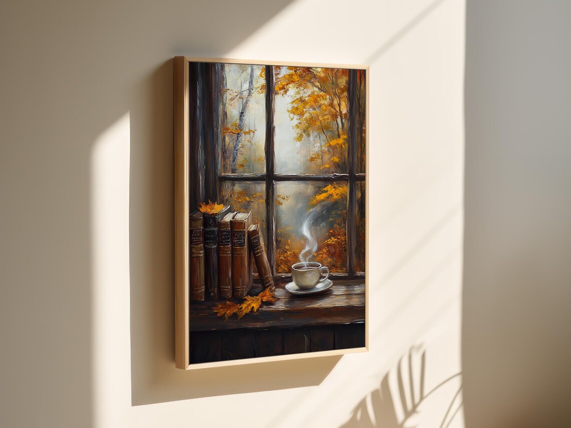Autumn Window Scene, Cozy Coffee Rustic Books - Image 5