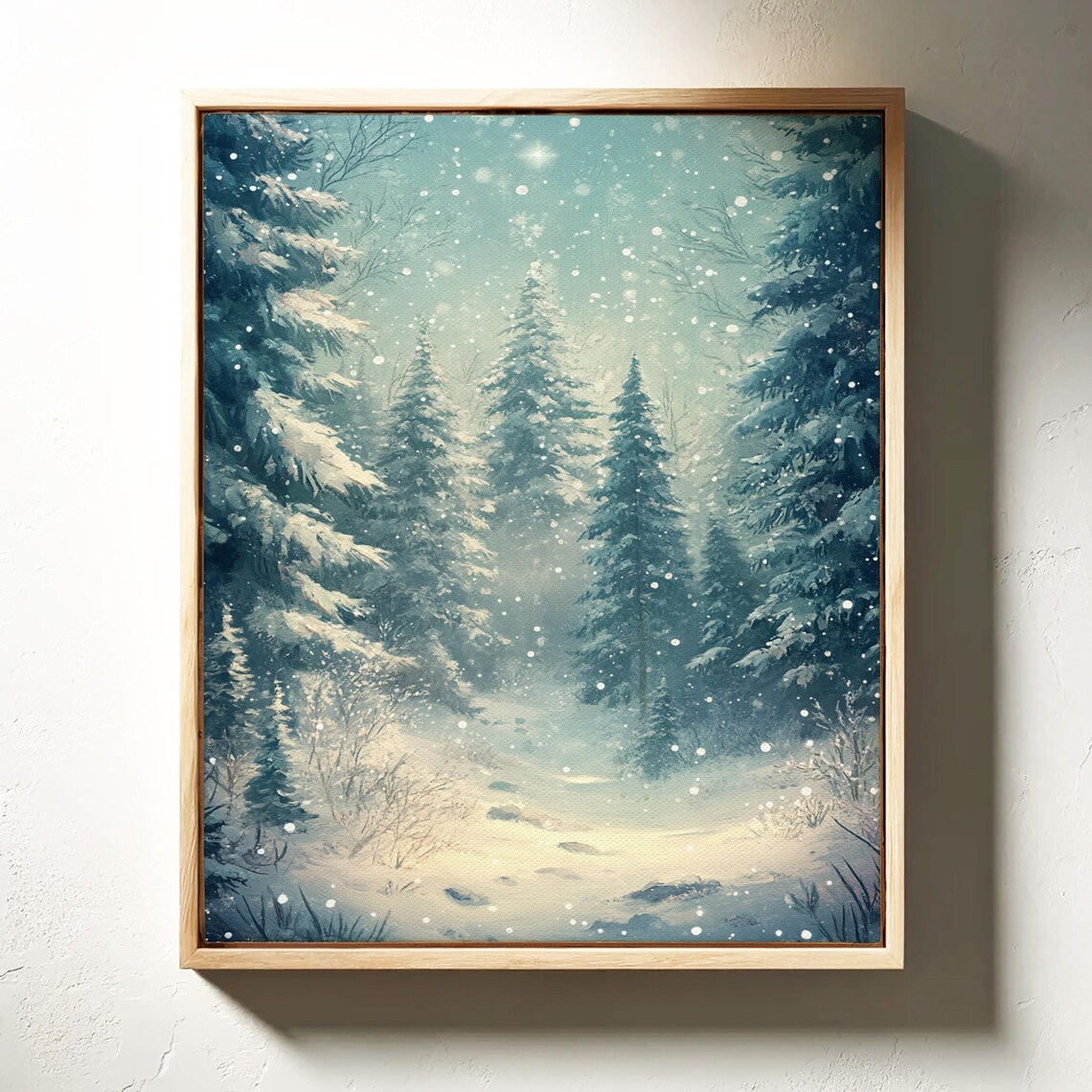 Snow Covered Pine Forest Path Falling Snowflakes Serene Winter Wall Art - Image 5