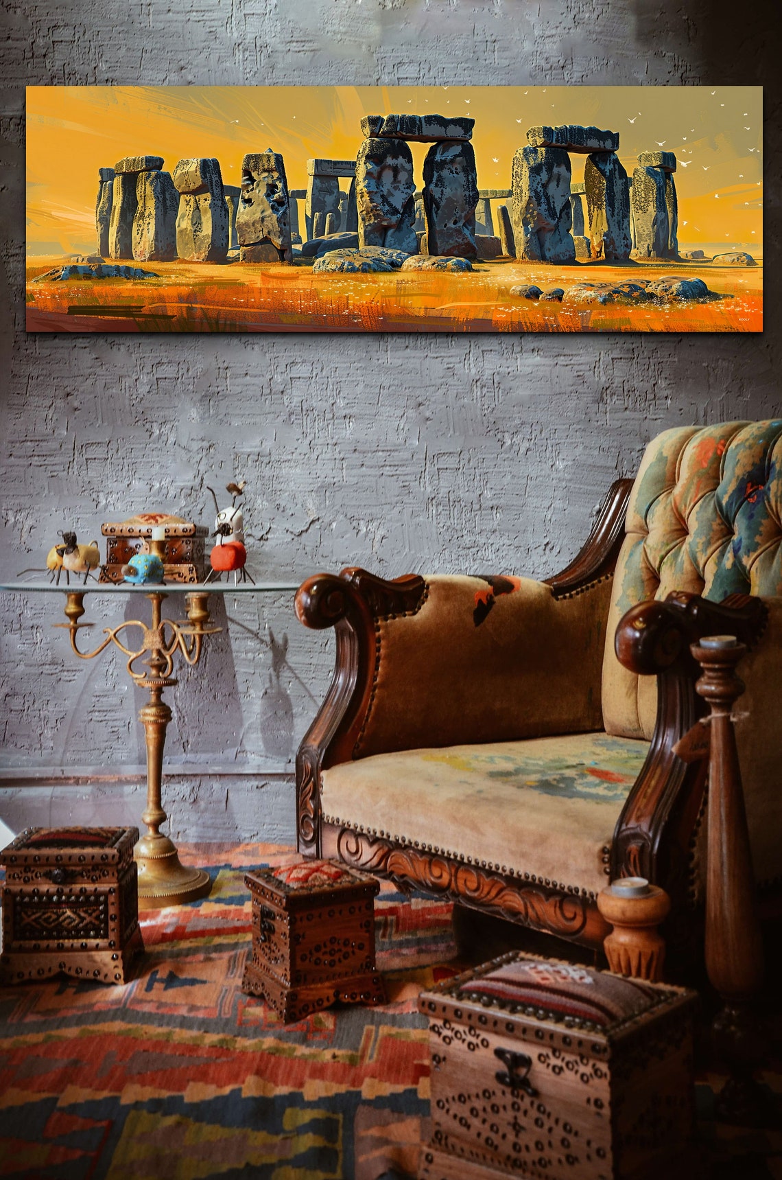 Stonehenge Golden Sunset Sky with Birds Flying Panorama Wall Art - Image 5