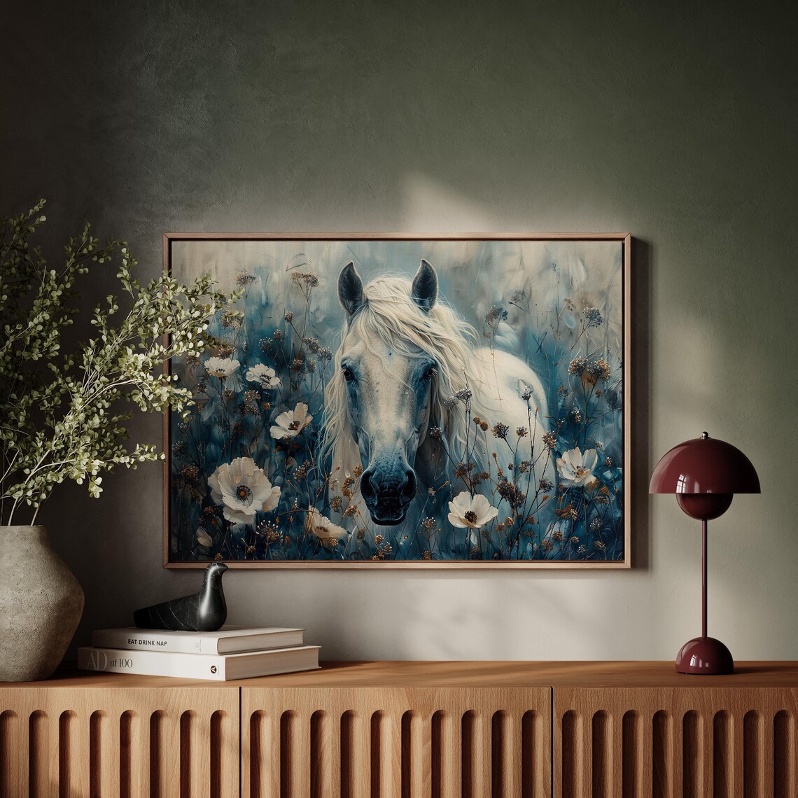 White Horse and Wild Flowers Landscape Art Print - Image 5