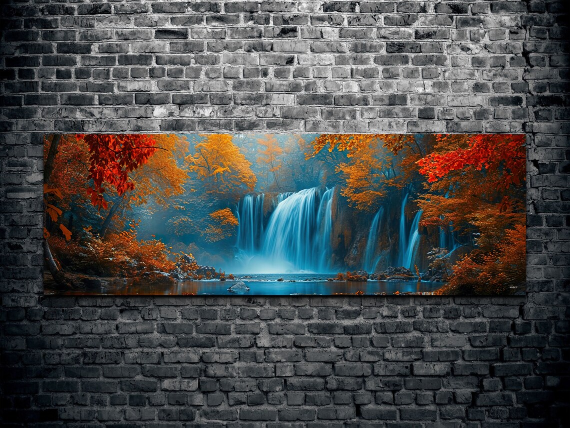 Waterfall in an Autumn Forest with Fiery Red and Gold Foliage Poster - Image 2