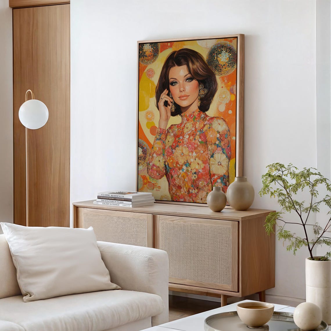 Retro Disco Portrait Of Glamorous Woman In Floral Dress And Earrings Vibrant 70s Style With Golden Disco Balls Oil Painting - Image 4