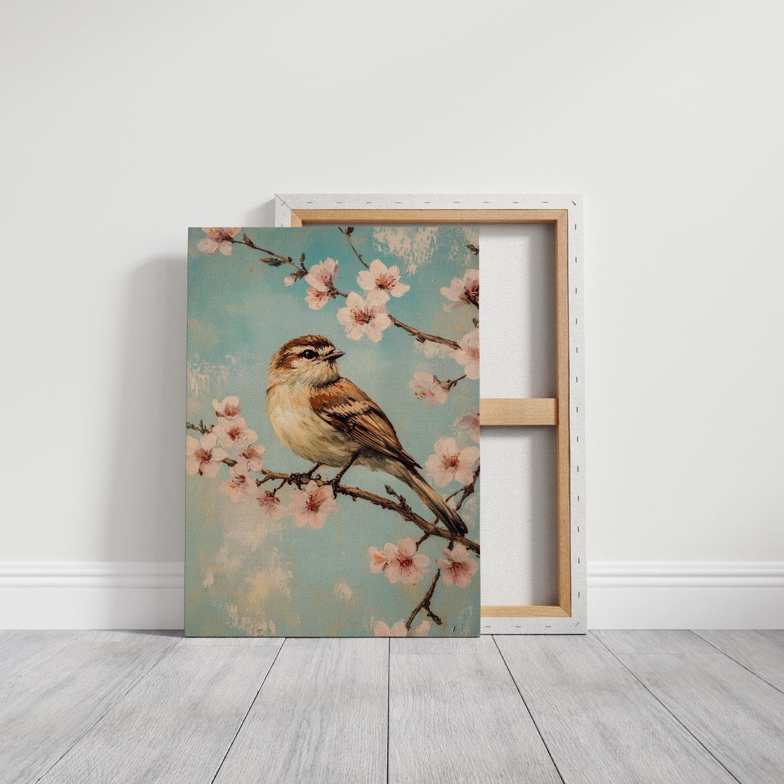 Sparrow Perched on Cherry Blossom Branch Pastel Teal Bird Art Print - Image 3