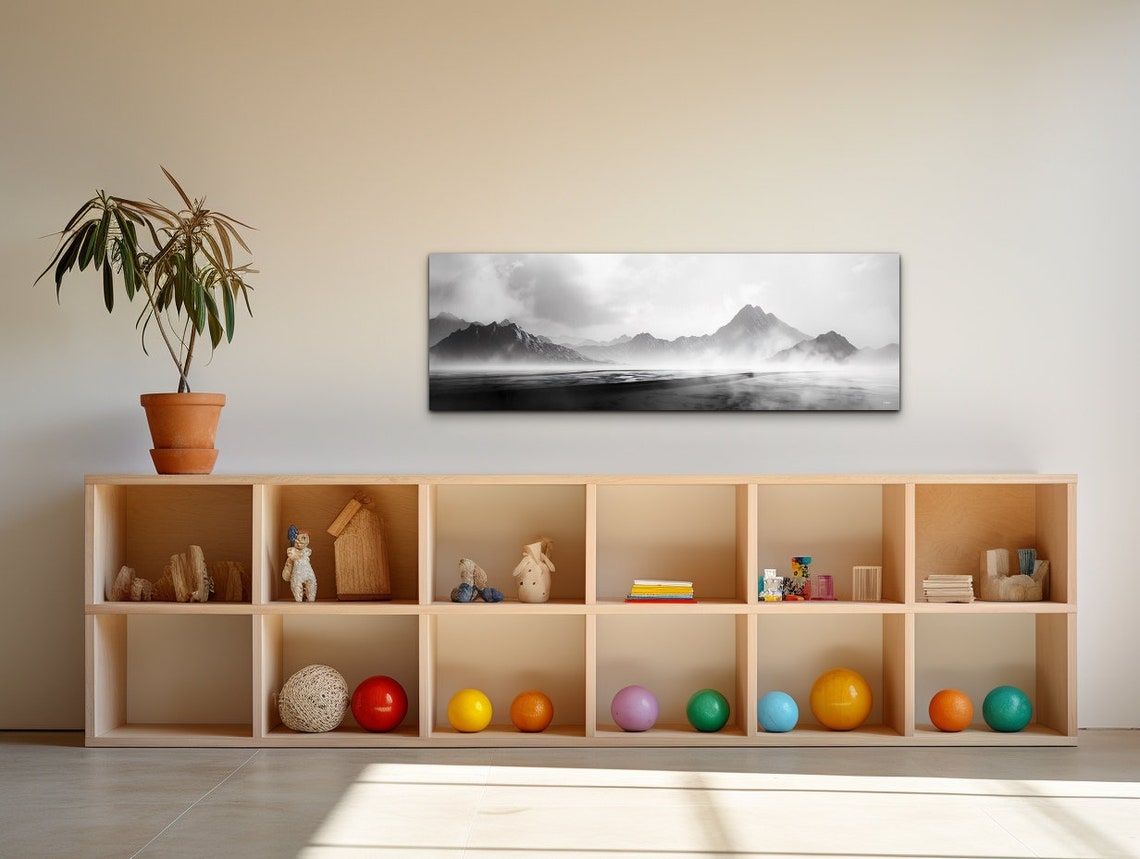 Black And White Moody Misty Mountains Over Still Water Poster - Image 5