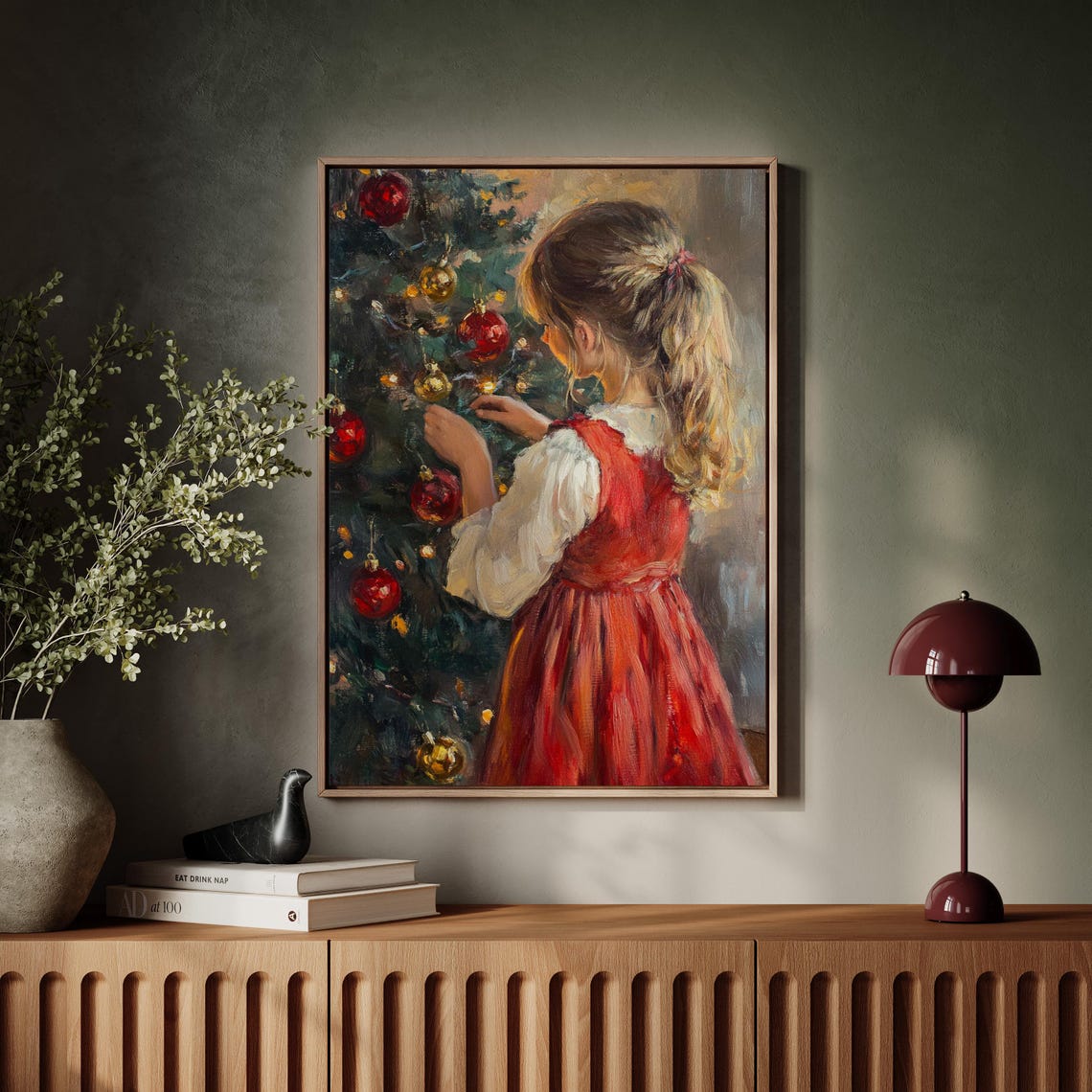 Little Girl in a Red Dress Decorating a Christmas Tree Vintage Poster - Image 6