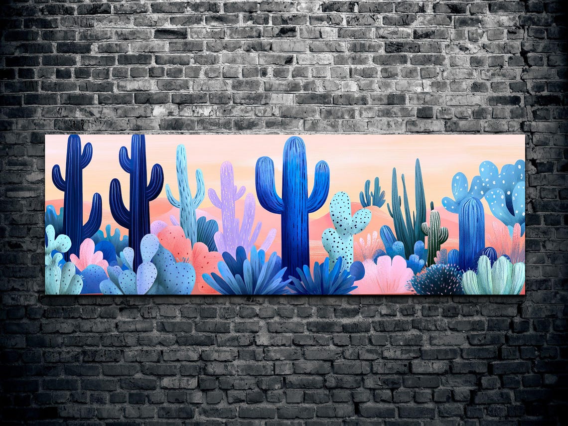 Colorful Blue Cactus Desert Illustration Sunset Sky Art Poster - Image 2