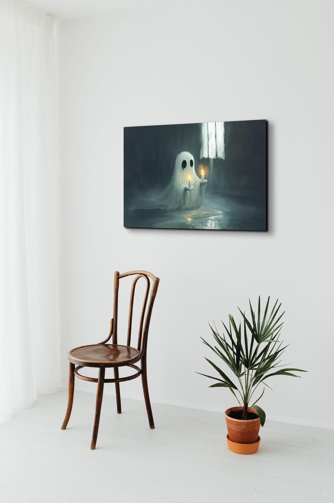 Sheet Ghost With Glowing Candles in a Quiet Dark Room at Night Poster - Image 7