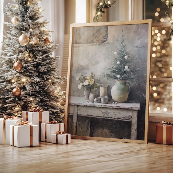 Rustic Christmas Still Life Mini Tree Vases on Wooden Table Poster