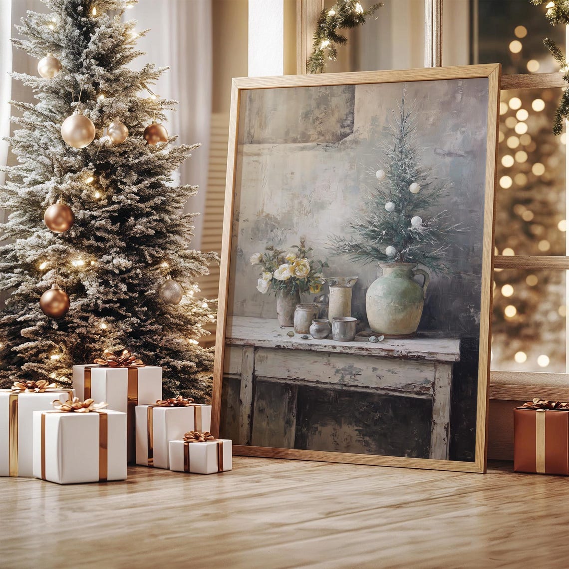 Rustic Christmas Still Life Mini Tree Vases on Wooden Table Poster