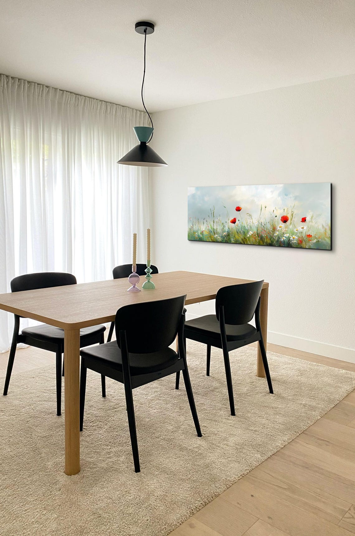 Red Poppies White Daisies Wild Meadow Soft Sky Panoramic Art Poster - Image 7