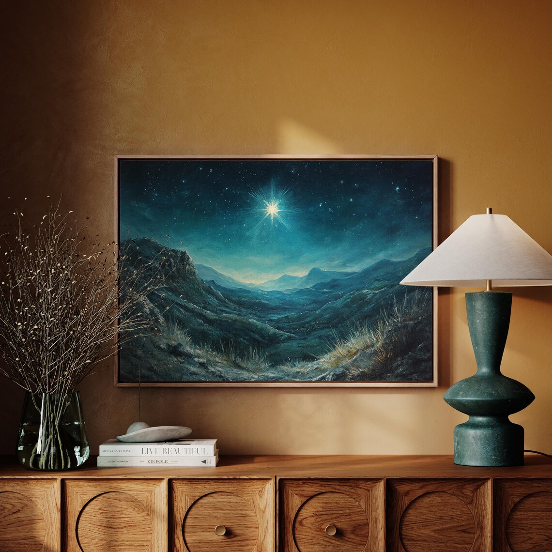 Star Of Bethlehem Over Tranquil Mountain Valley Art Print - Image 4