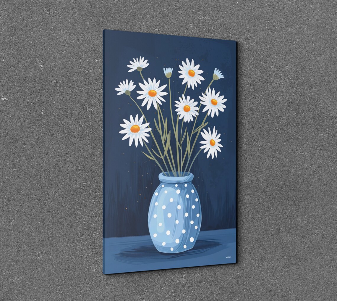 Chamomile Flowers In A Blue Vase, Minimalist Pop Art - Image 3