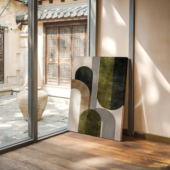 Geometric Abstract Canvas Modern Arches In Green And Beige