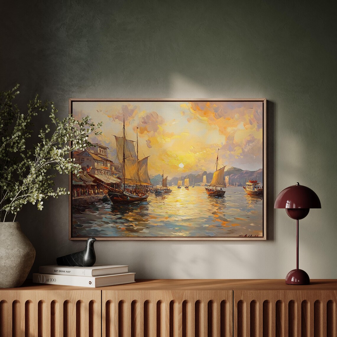 Sailboats Sunset Harbor Bustling Waterfront Vintage Scene Poster - Image 4