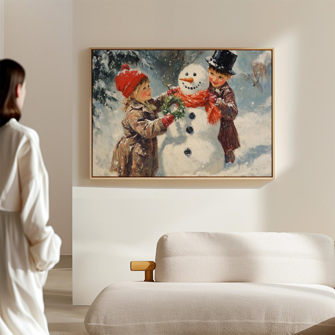 Kids Decorating Snowman Wreath Vintage Christmas Winter Art Poster - Image 6