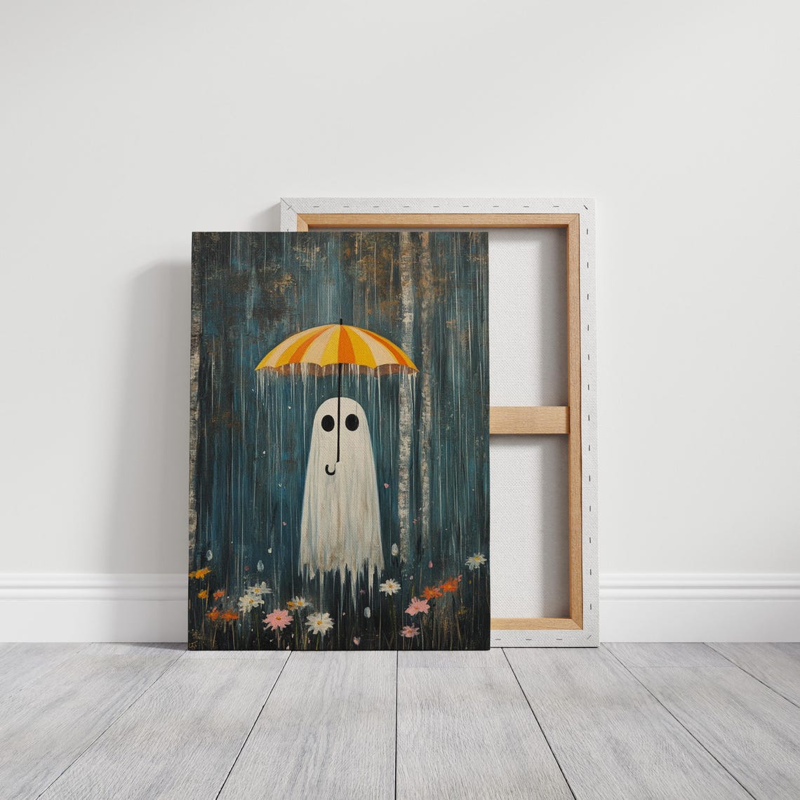 Whimsical Ghost With Umbrella Rainy Forest Wildflowers Poster - Image 3