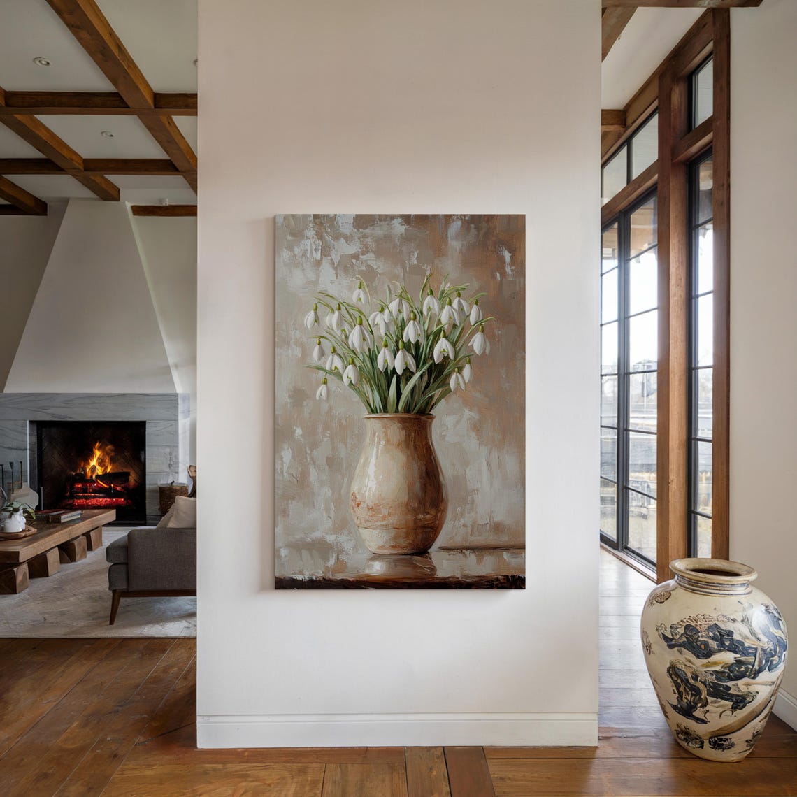 White Snowdrop Flowers in Rustic Ceramic Vase Still Life Poster - Image 3