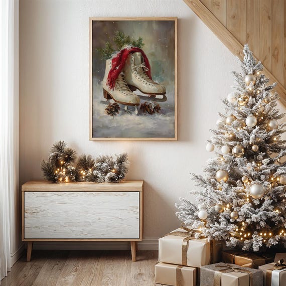 Vintage Ice Skates With Red Scarf And Pine Winter Painting