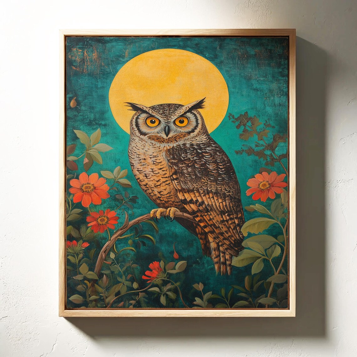 Golden Moonlit Owl Art Print, Vibrant Floral Decor - Image 7
