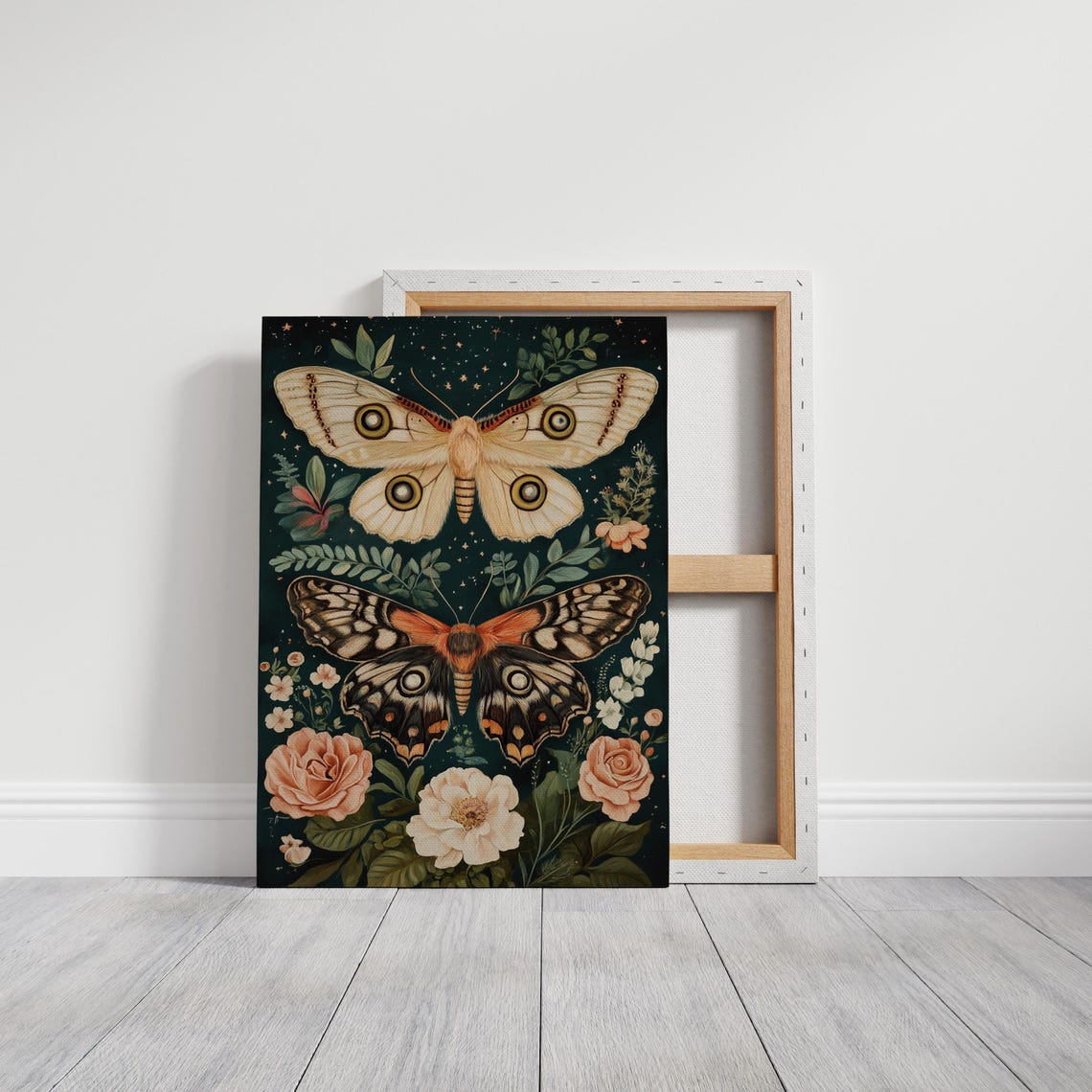 Vintage Moth Pair With Roses Dark Starry Botanical Insect Art Poster - Image 3