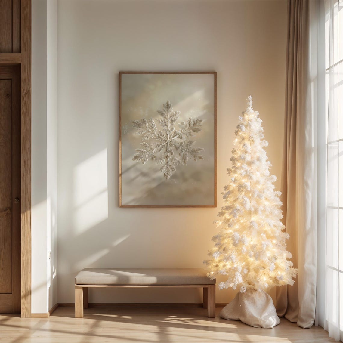 Elegant Snowflake Painting Poster Golden Winter Minimalist Decor