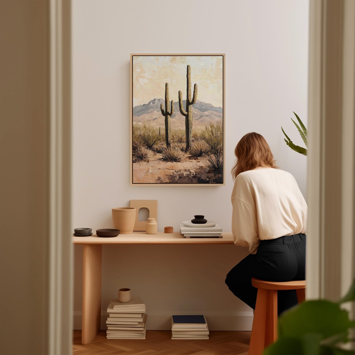 Warm Vintage Desert Painting of Saguaros Before Hazy Mountains Poster - Image 2