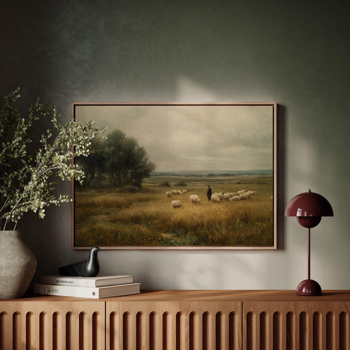 Vintage Shepherd And Sheep Golden Meadow Peaceful Countryside Poster