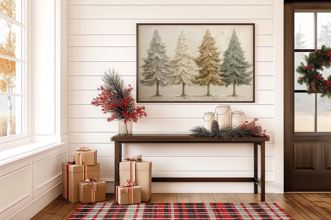 Four Neutral Christmas Trees Minimalist Farmhouse Holiday Poster