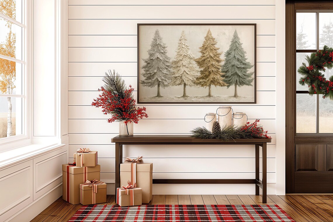 Neutral Christmas Tree Canvas Wall Art Minimalist Holiday Decor Modern Farmhouse Winter Pines Painting Rustic Print
