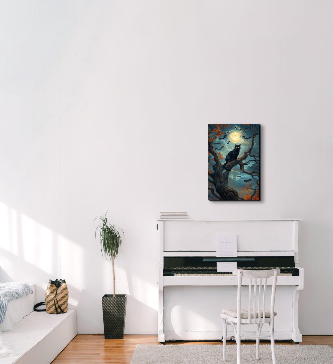 Black Cat in Gnarled Tree With Bats Under Harvest Moon Poster - Image 6