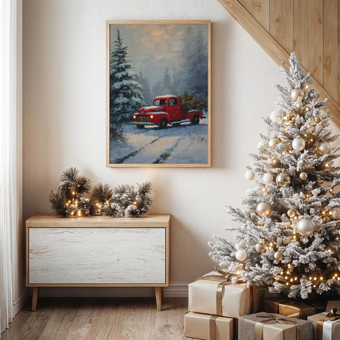 Vintage Red Pickup Truck Carrying Christmas Tree Snowy Road Poster