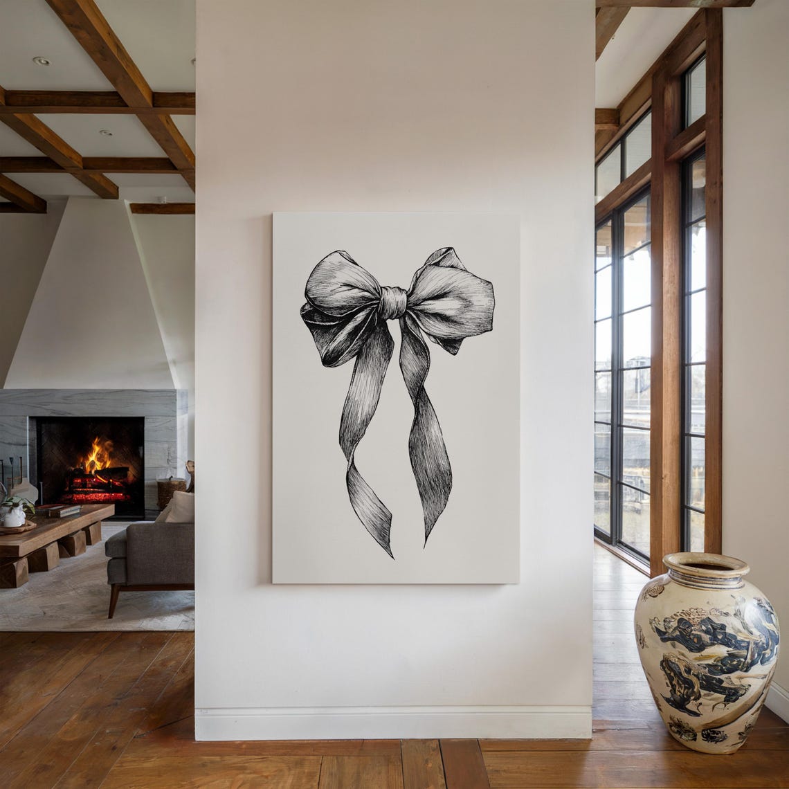 Vintage Ribbon Bow Sketch Black And White Minimalist Wall Art - Image 2