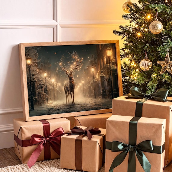 Enchanted Reindeer with Glowing Antlers Snowy Night Street Poster