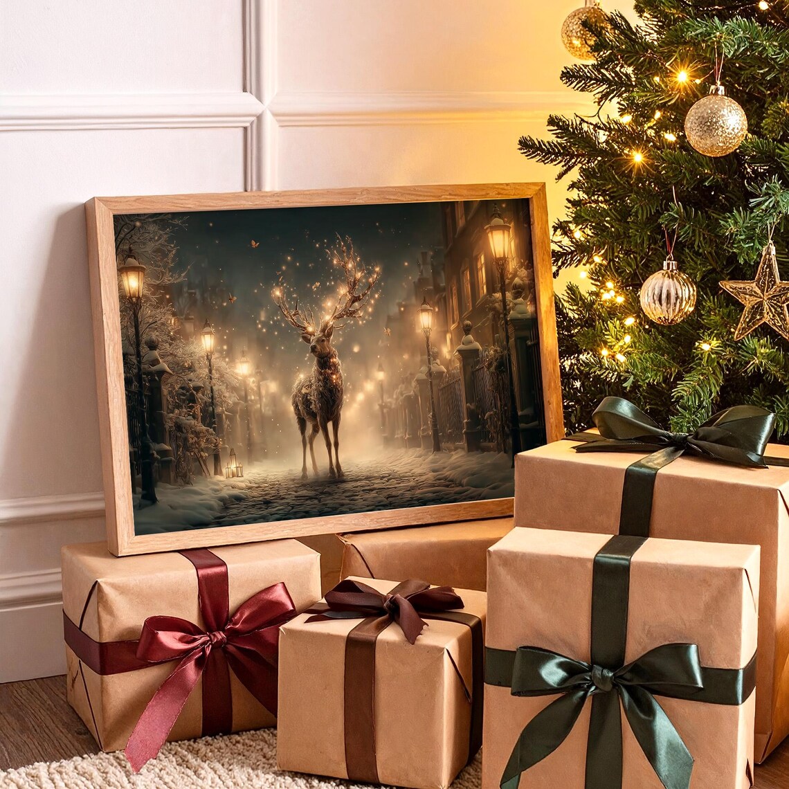Enchanted Reindeer with Glowing Antlers Snowy Night Street Poster