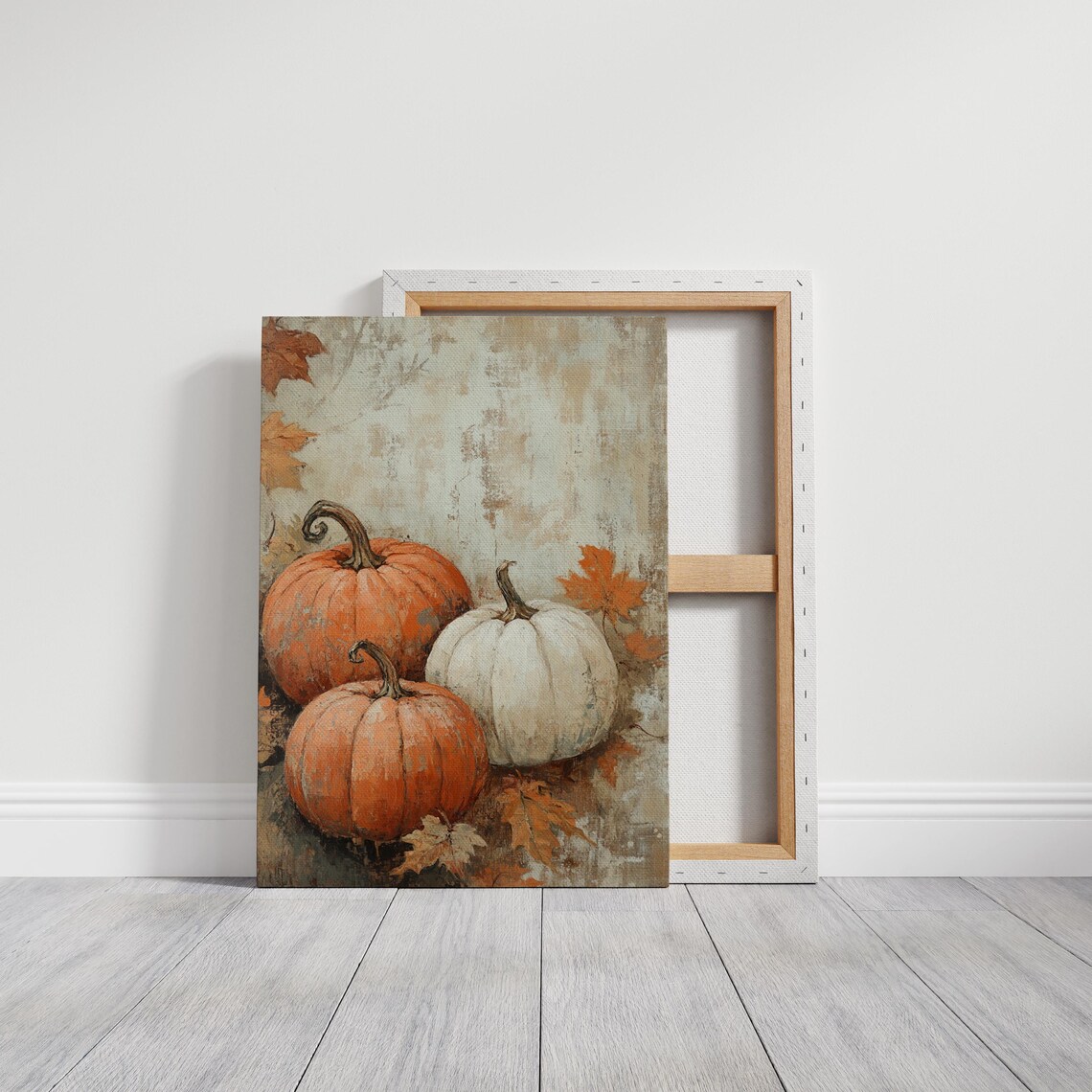 Rustic Orange and White Pumpkins Fall Harvest Painting with Leaves Poster - Image 7