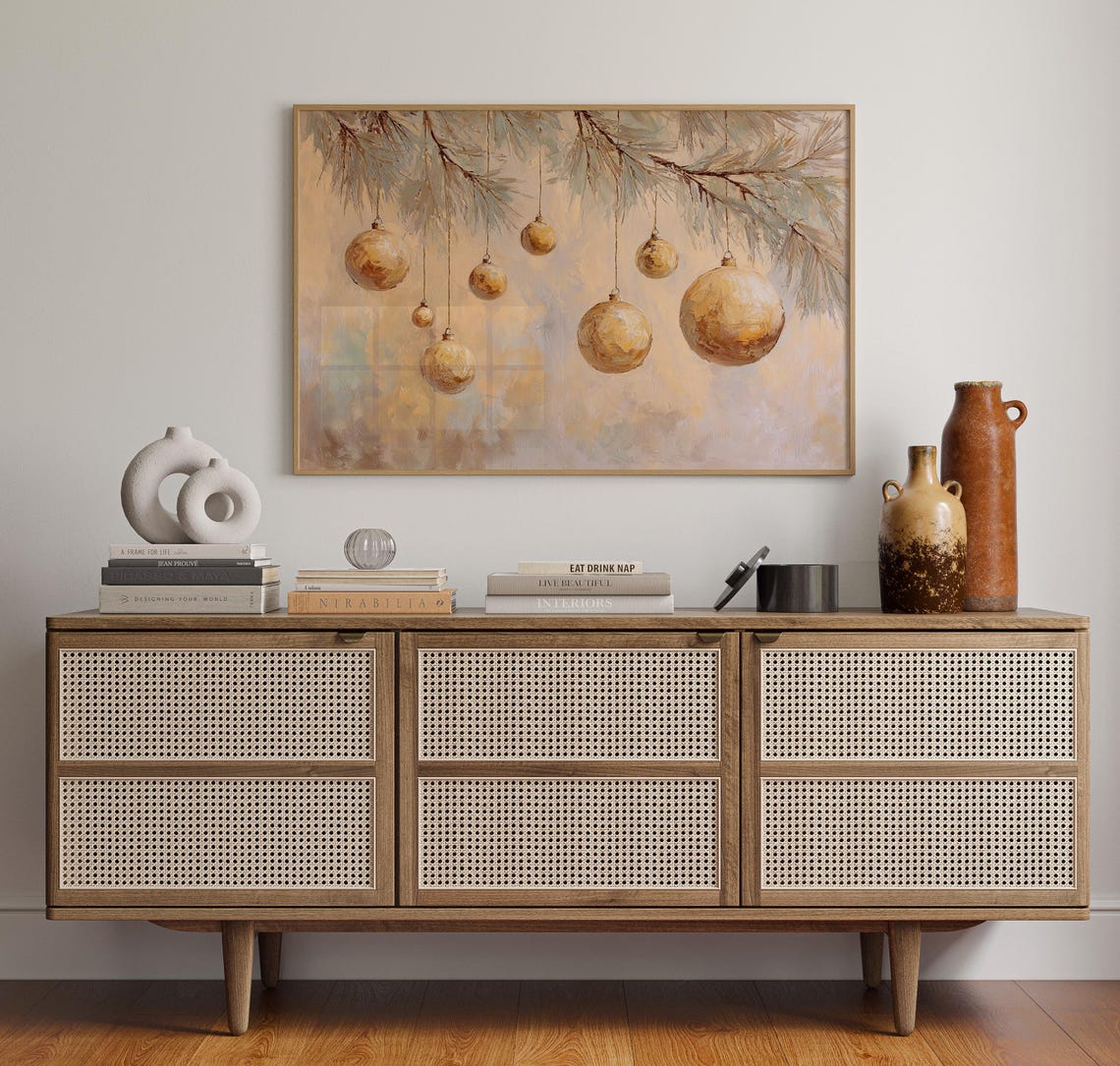 Gold Christmas Ornaments Hanging From Pine Branches Art Poster