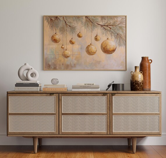 Gold Christmas Ornaments Hanging From Pine Branches Art Poster